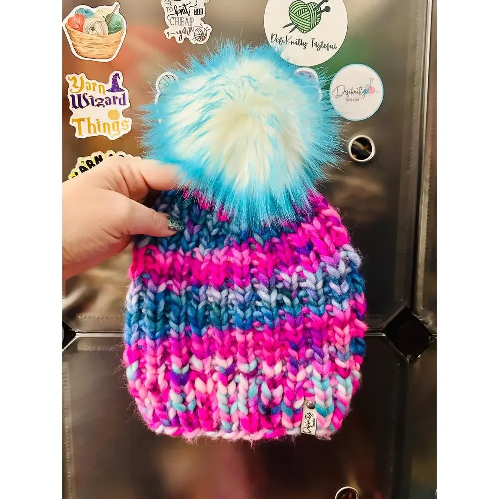 Hand Knit Scrappy Merino Wool Beanie: DefiKnitly Tasteful Knit Hat with Faux Fur